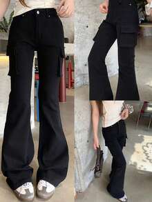 DAZY Women's Street Fashion Utility Pocket Flare Leg Jeans - Black - View 7