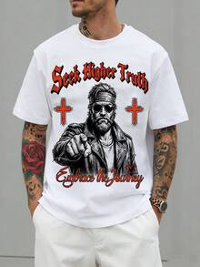 Manfinity Roghcode Men's Slogan & Figure Print Round Neck Short Sleeve Casual T-Shirt - White - View 1