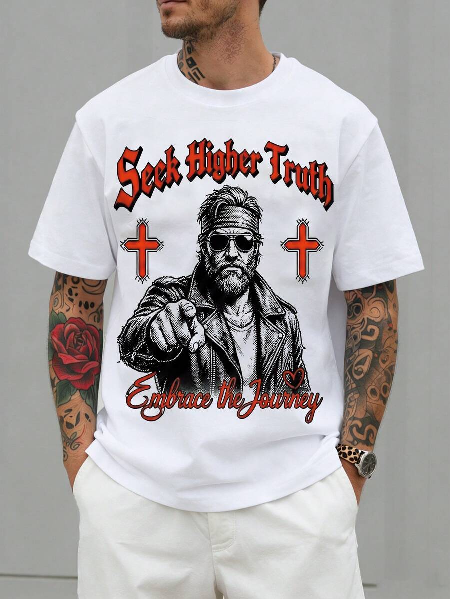 Manfinity Roghcode Men's Slogan & Figure Print Round Neck Short Sleeve Casual T-Shirt - White - View 1