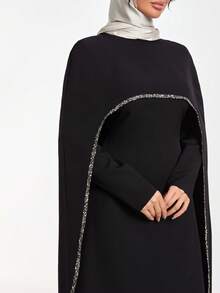 Elegant Black Middle Eastern Abaya Dress With Crystal Embellished Trim - Black - View 3