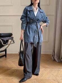 DAZY 女士翻领长袖短款牛仔风衣、牛仔夹克、秋季女装 - 中等水洗藍 - 查看 2