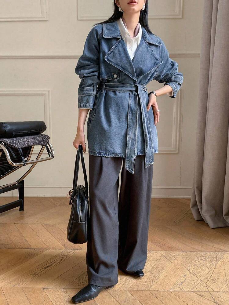 Women's Lapel Collar Long Sleeve Cropped Denim Windbreaker,Jeans Jacket,Fall Women Clothes