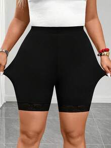Elenzga Plus Size Women Solid Color Casual Versatile Daily Wear Skinny Shorts - Black - View 1