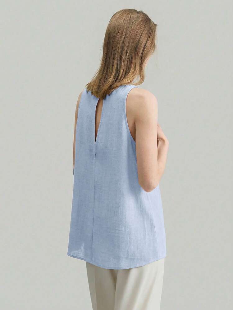 2026SS New Summer Women's Vest, Popular Solid Blue Top, Comfortable Casual Style Round Neck Sleeveless Linen Fabric Vest, Urban Commute Business Casual Women's Wear, Elegant Top For Holiday, Wedding Guest Party, Beach Vacation, Fashionable Versatile Women's Blouse