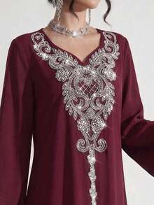 Al Najma Đầm maxi dài tay xẻ tà, dáng rộng, sang trọng, thêu và đính cườm, phong cách truyền thống Thổ Nhĩ Kỳ và Ả Rập. - Màu Đỏ Sâu - Xem 1