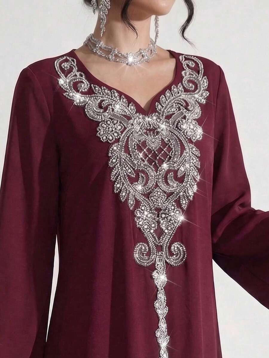 Al Najma Đầm maxi dài tay xẻ tà, dáng rộng, sang trọng, thêu và đính cườm, phong cách truyền thống Thổ Nhĩ Kỳ và Ả Rập. - Màu Đỏ Sâu - Xem 1