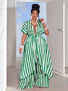 Maweii Plus Size Pink Striped Tie Front Cardigan Set - Multicolor - View 4