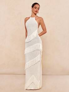Lumalex Women's Off-White Summer Elegant Turtleneck Bodycon Asymmetrical Fringe Maxi Sweater Dress,Luxury Holiday Vacation Party Graduation Soirées Holiday - Apricot - View 11
