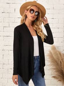 EMERY ROSE Abrigo con abertura frontal sólida y dobladillo asimétrico para otoño/invierno - Negro - Ver 4