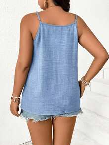 SHEIN Frenchy Camiseta holgada de talla grande para mujer con parches, bordados y ribete de malla transparente para el verano y la playa - Celeste - Ver 3