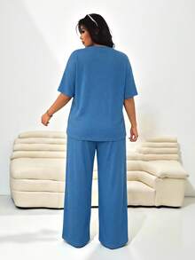 Solflare Plus Size Textured Knit Cardigan Top + Loose Pants Casual 2 Pieces Set - Royal Blue - View 2
