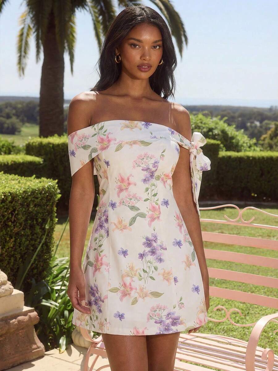 Enchnt Women's White Floral Summer Mini Dress, Cottage Core Tropical Off Shoulder Backless Bowknot Tie,Casual Holiday Party Brunch Vacation Wedding Guest