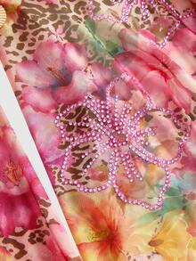 ROMWE Avant Áo croptop gợi cảm in hình hoa dâm bụt đính đá lấp lánh, vạt áo bất đối xứng, thích hợp cho nữ, phù hợp với kỳ nghỉ lễ hội âm nhạc mùa hè. - Hồng - Xem 8