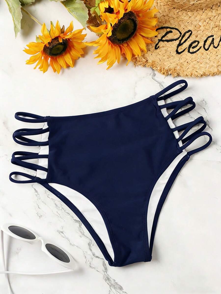 Swim Basics 女士纯色镂空交叉侧边比基尼泳裤,适合海滩度假 - 藏蓝色 - 查看 1