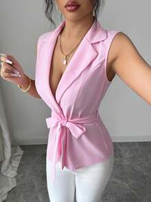 Elenzga Sleeveless Elegant Romantic Delicate Women's Thin Blazer - Pink - View 6