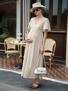 Momance 印花棕色波點開衩洋裝，荷葉袖，休閒孕婦優雅夏季女款長洋裝，保守野餐復古 Bubu 洋裝 - 彩色 - 查看 2