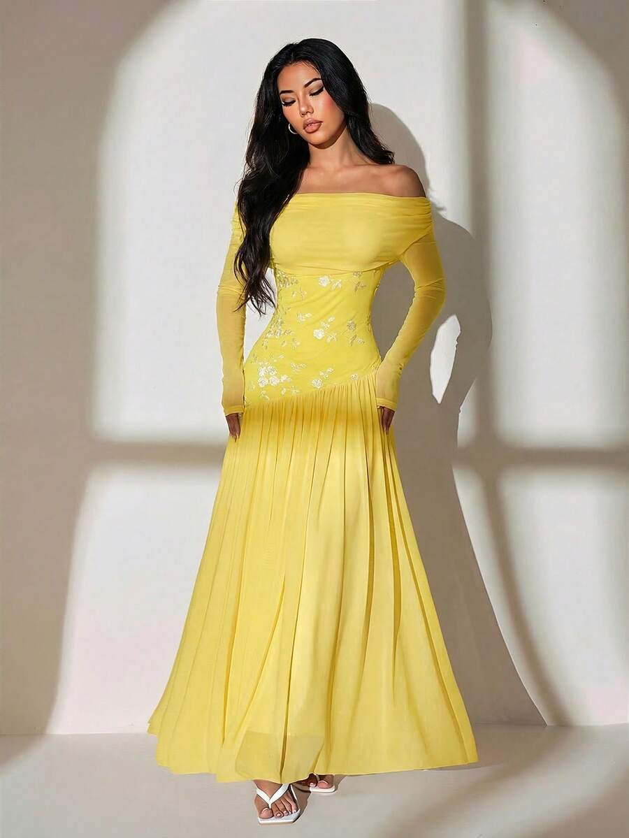 SHEIN PETITE Đầm dài tay lệch vai kiểu mới, chất liệu lưới thêu phối màu tương phản, vạt bất đối xứng, siêu dài, co giãn tốt, ôm sát, thanh lịch và lãng mạn. - Màu vàng - Xem 1