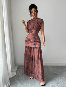 Selianne 新款时尚高领无袖性感镂空网纱拼接褶皱A字连衣裙，适合毕业派对、度假、约会、白色正式礼服、优雅连衣裙、生日礼服、夏季连衣裙 - 棕色 - 查看 6