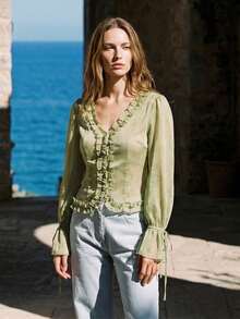 CielaLinda 女士荷叶边绿色长袖上衣波西米亚风衬衫 - 綠色 - 查看 9