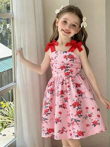 Cute Girls Floral Print Camisole Dress With Bow, Sleeveless Mid-Length Casual Dress, Summer Outfit - Red - View 3