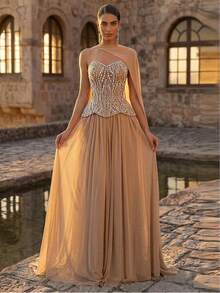 Glamrae 优雅奢华杏色缎面串珠亮片刺绣网纱拼接弹力针织褶皱流苏连衣裙，适合婚礼、派对、度假、舞会、节日晚宴等场合。 - 杏色 - 查看 5