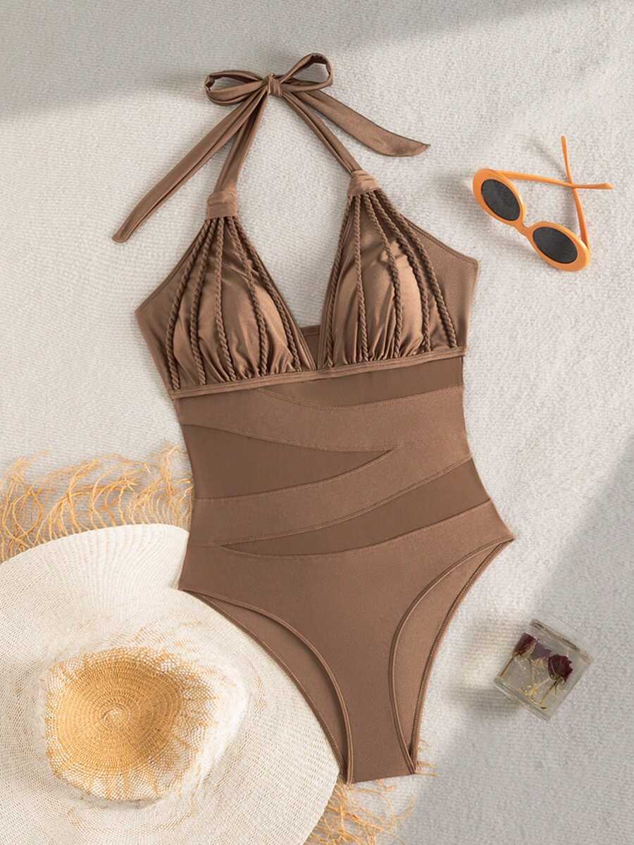 Swim Lushoire بدلة سباحة قطعة واحدة للنساء، لون القهوة، مصنوعة من شبكة محبوكة مضفرة وقطع ملائمة للاستخدام في العطلات الصيفية والشاطئ، مرنة وعملية - قهوة بني - مشاهدة 1