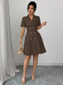 Elenzga 女士春夏法式通勤优雅V领双排扣A字短袖连衣裙 - 棕色 - 查看 6