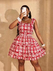 Lunelith SHEIN Lunessa Women's Graphic Print Ruffle Trim Square Neck Casual Dress - Red - View 5