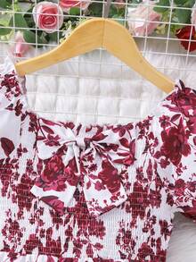 Sparklyn 女童印花连体衣，方领泡泡袖，夏季度假风 - 酒紅色 - 查看 3