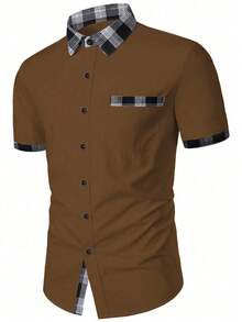 Manfinity Mode Áo sơ mi nam tay ngắn cài cúc phía trước, kiểu dáng thường ngày, họa tiết kẻ caro, phối màu, thích hợp cho mùa hè. - Cà phê nâu - Xem 3