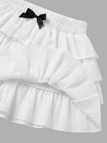 SHEIN Celana Pendek Putih, Musim Panas, Lucu, Kasual, Modis, Bertekstur, dengan Hiasan Pita, Warna Polos, Cocok untuk Wisuda, Musim Semi, Sehari-hari, Jalan-jalan, Liburan, dan Pakaian Liburan - Putih - View 4