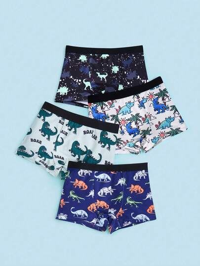 SHEIN 4 piezas Calzoncillos tipo bóxer para niño pequeño con diseño de dinosaurios de dibujos animados en todo el patrón, con bandas elásticas decorativas, cómodos y transpirables
