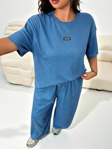 Solflare Plus Size Textured Knit Cardigan Top + Loose Pants Casual 2 Pieces Set - Royal Blue - View 5