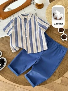 LMoss Kids Baby Boy Striped Single-Breasted Short Sleeve Top And Elastic Waist Pants Casual Daily Outfit - Multicolor - View 1