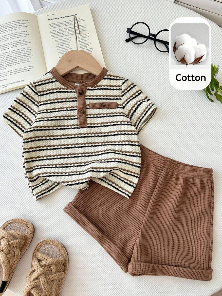 LMoss Kids 2 pièces Ensemble t-shirt casual et short en tricot bicolore pour bébé garçon - Multicolore - Voir 1