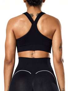 Seamluxe SHEIN Sport Women's Comfortable Seamless High Elasticity Sports Bra Women's Athletic Wear Sports Bras For Women Workout Tops Women Built In Bra Padded Gym Top Sports Top With Built In Bra Running Sports Bra - Black - View 2