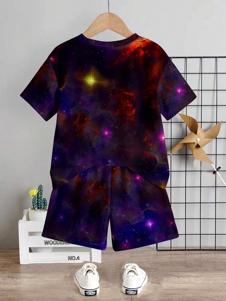 SHEIN Young Boy Casual Minimalist T-Shirt Set, Classic Gamepad Graphic Print, Space Galaxy Background Print, Suitable For Gamers - Multicolor - View 4