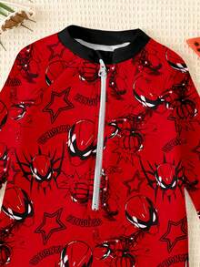 SHEIN Young Boy Casual Slim Fit Round Neck Long Sleeve Swimsuit, Classic Spider Hero Graphic Print, Spider Web Pattern, Suitable For Swimming, Surfing, Summer - Multicolor - View 4