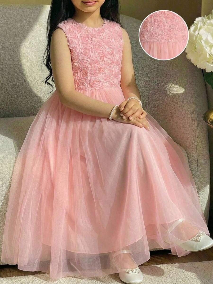 Tween Girl Casual Elegant Mesh Embroidered Jacquard Camisole And Ruched Mesh Dress Set, Pink - Pink - View 1