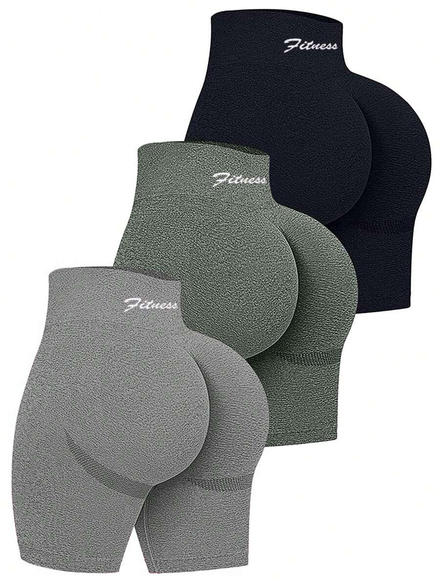 SHEIN Velisys Pantaloncini da allenamento senza cuciture a vita alta con stampa di lettere - Multicolore - Visualizzare 1