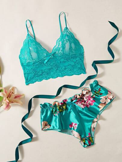 Floral Lace Bow Front Lingerie Set