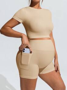 SHEIN Top y shorts deportivos de unicolor y manga corta para uso diario casual de maternidad - Caqui - Ver 5