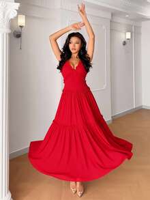 Franclia Romantic Red Sleeveless Frill Trim Splice Dress, Casual Summer Holiday - Red - View 7