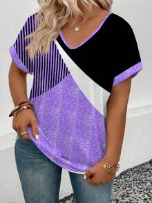 EMERY ROSE Plus Size Women Casual V-Neck Digital Print T-Shirt - Multicolor - View 3