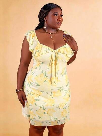 CurvyTilda 大码女式印花拼接荷叶边下摆时尚连衣裙