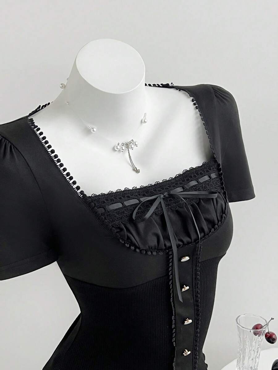 Elamini Áo thun nữ, phối ren, dệt họa tiết, độ co giãn cao, dáng ôm. - màu đen - Xem 1