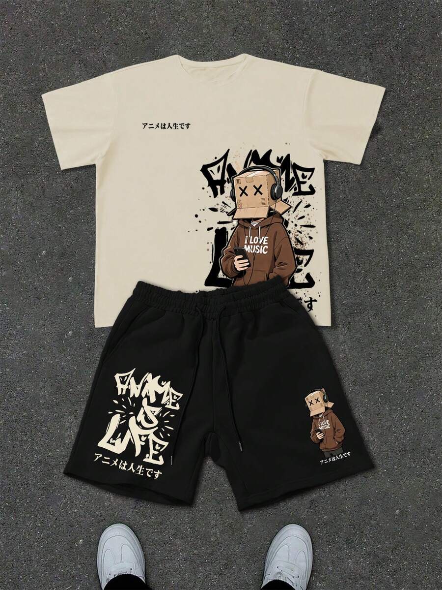 Manfinity EMRG 男士T恤套装,撞色T恤套装,卡通人物及日文标语印花,休闲动漫风,宅男宅女必备,适合日常穿着、约会、音乐节、夏季等场合 - 彩色 - 查看 1