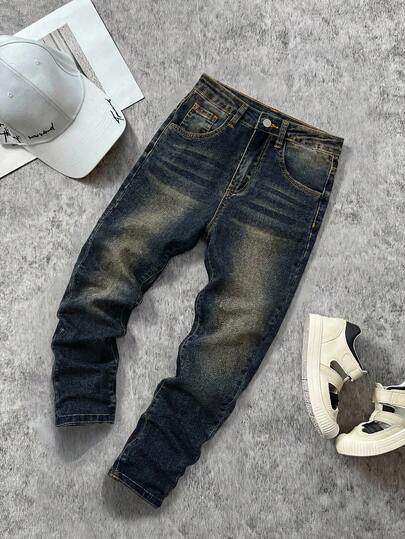 SHEIN Jeans rectos casuales con bolsillos de contraste para niño preadolescente