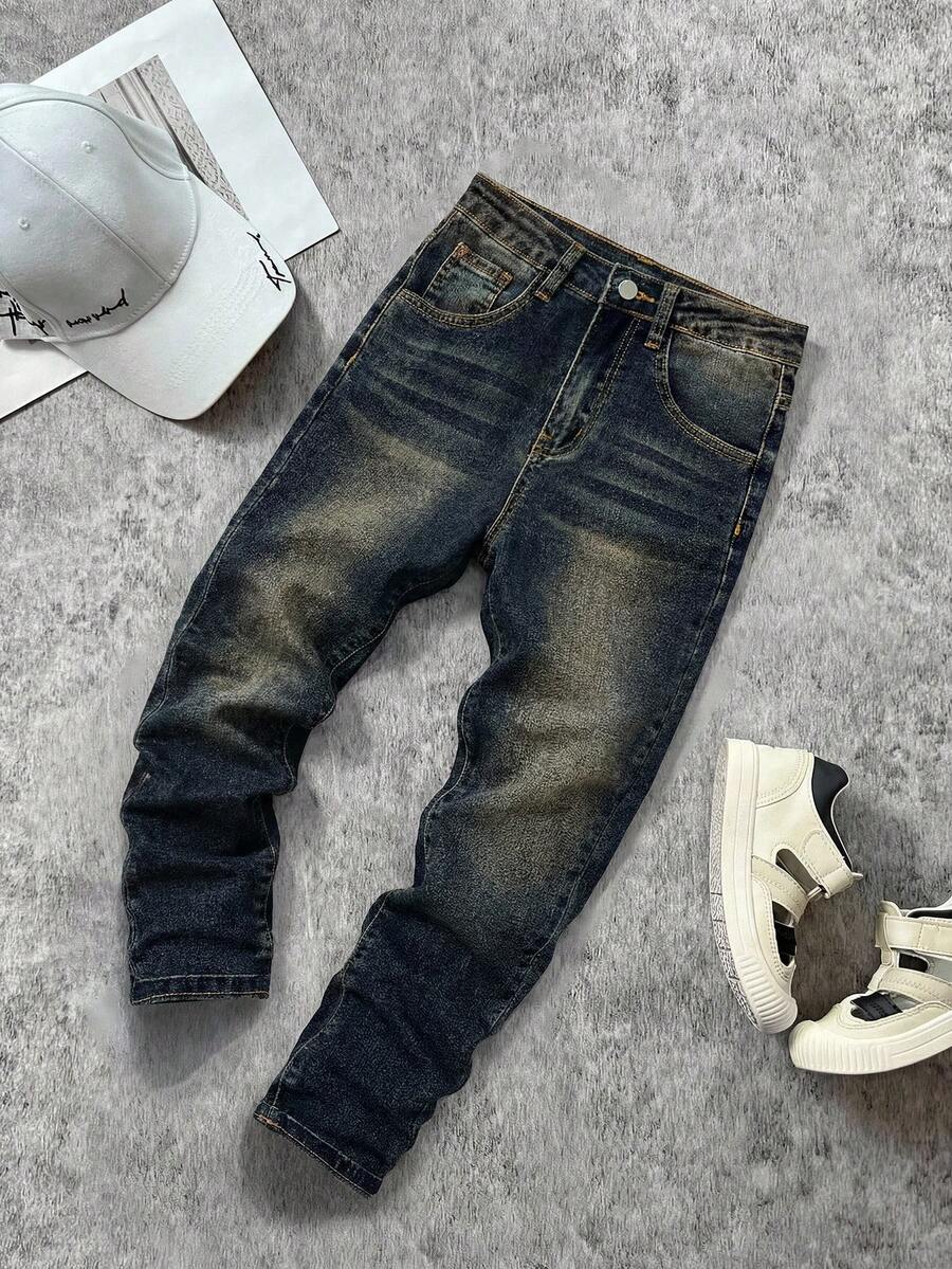 SHEIN Quần Jeans ống đứng đơn giản có túi tương phản dành cho bé trai Tween Boy - Rửa tối - Xem 1