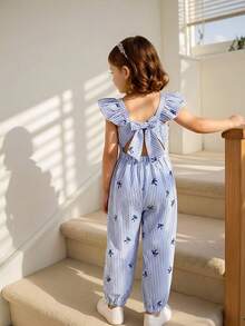 Emery Rose Kids Emery Rose Kids 女童编织条纹蝴蝶结装饰荷叶边下摆休闲连体裤 - 彩色 - 查看 3